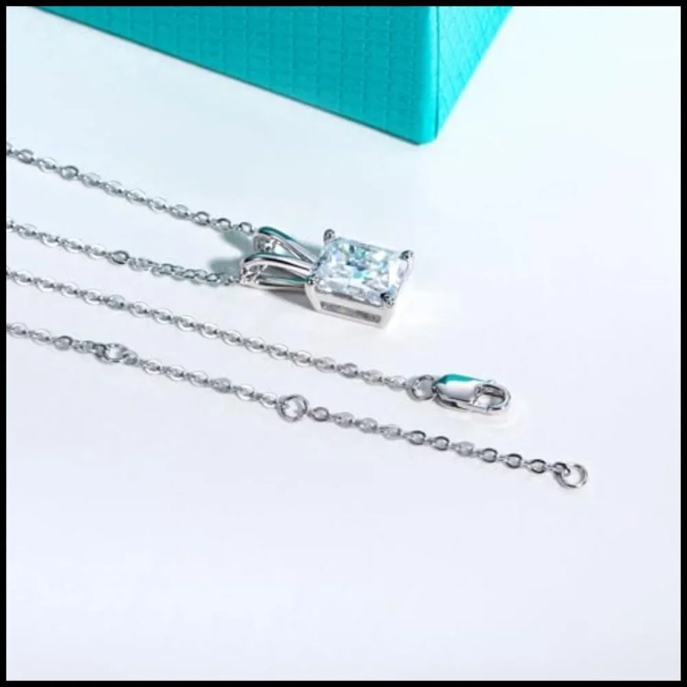 14K White Gold 2 CT Moissanite Pendant Necklace 925 Sterling Silver Radiant Cut